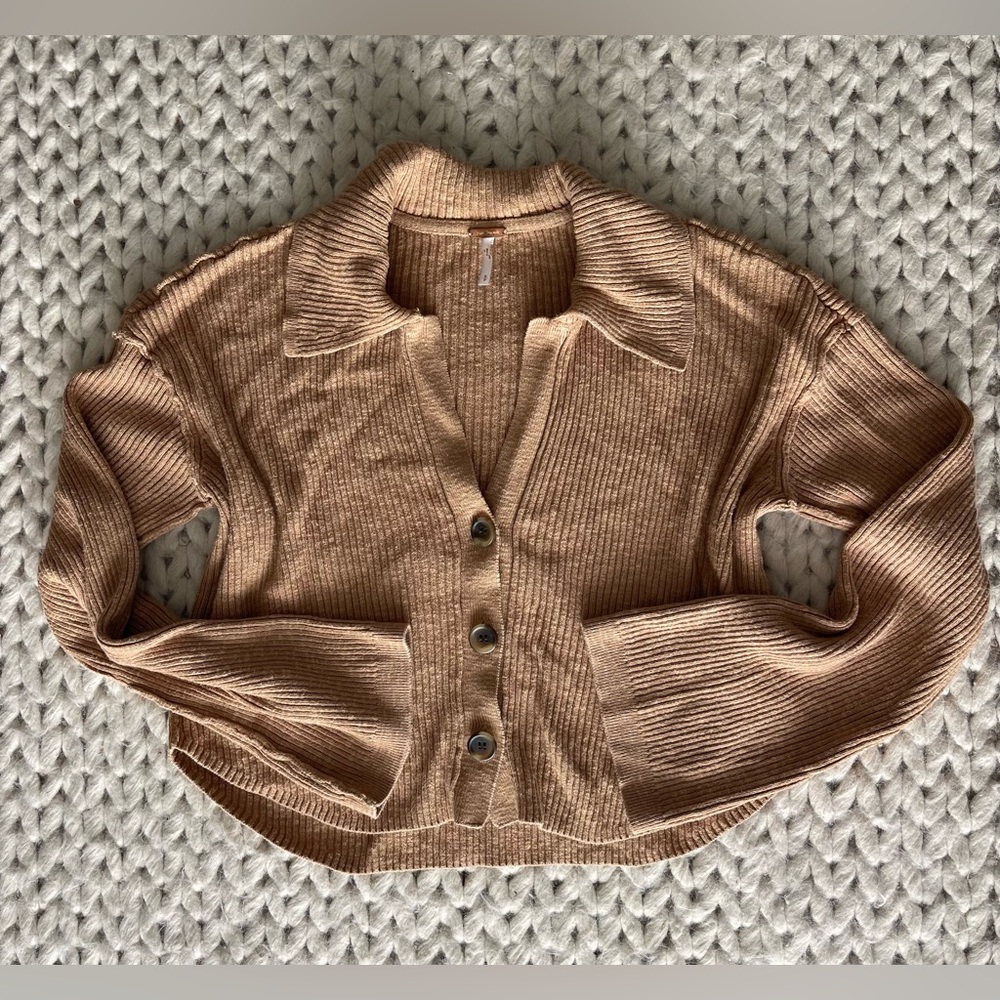 Free People Camel Ribbed Cardigan
